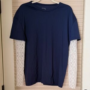 ESTpac Navy Blue T-Shirt with White Lace Sleeves
